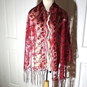 Cejon red scarf with fringe and lovely‎ sequins. 72 X 22. Excellent condition.